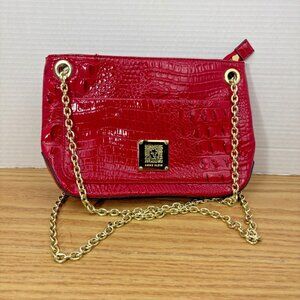 Anne Klein Red Patent "Leather Style" Crossbody Bag Purse Gold Chain Crocodile